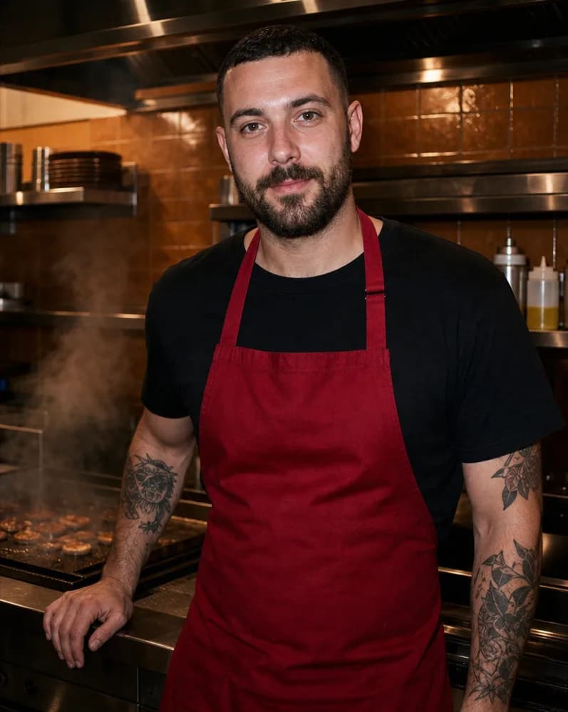 Rafa at the flat-top, one hand on the counter edge