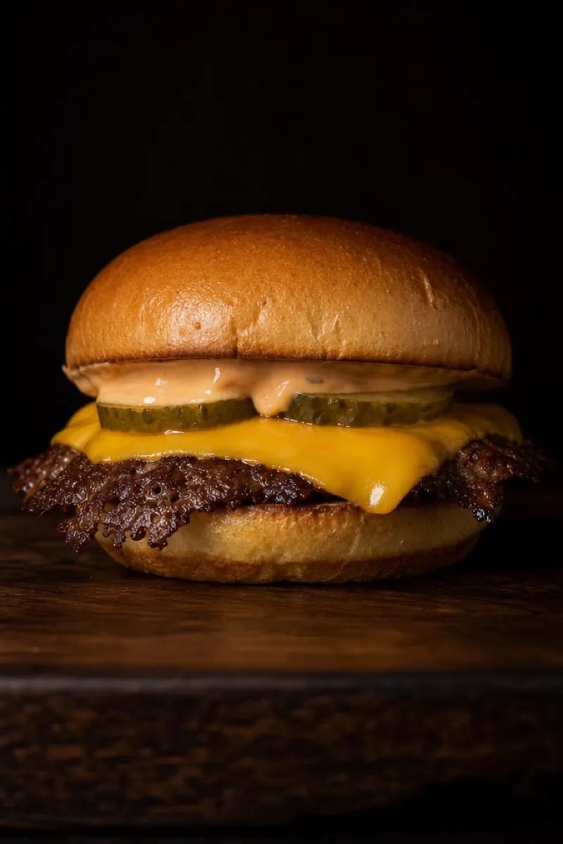 A single smash patty with american cheese, pickles and house sauce
