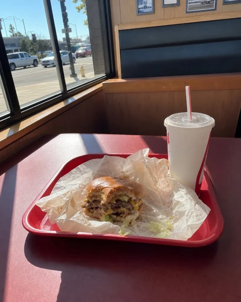 A tray on a window booth table in the afternoon sun